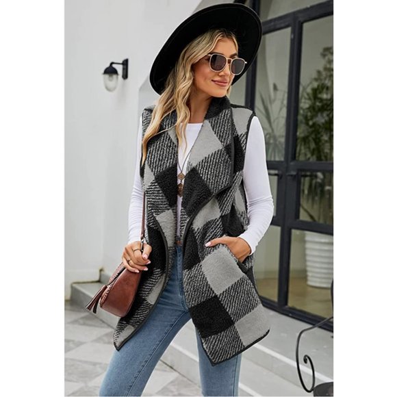 Gray Plaid Print Faux Fur Furry Open Front Sleeveless Vest Cardigan Sweater - Picture 3 of 6